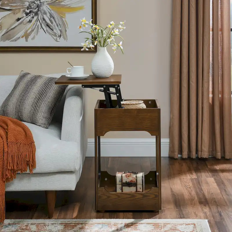Mid-Century Modern Lift-Top Side Table with Storage Shelf