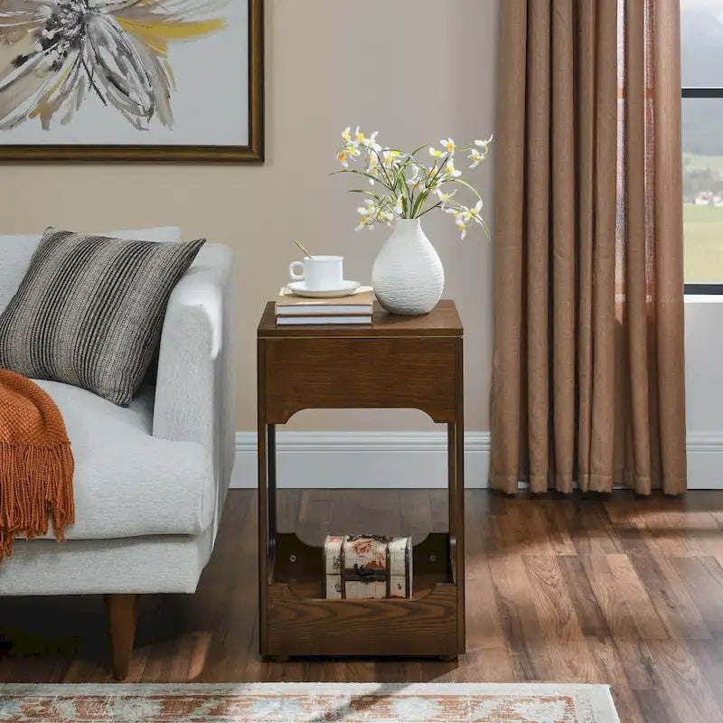 Mid-Century Modern Lift-Top Side Table with Storage Shelf