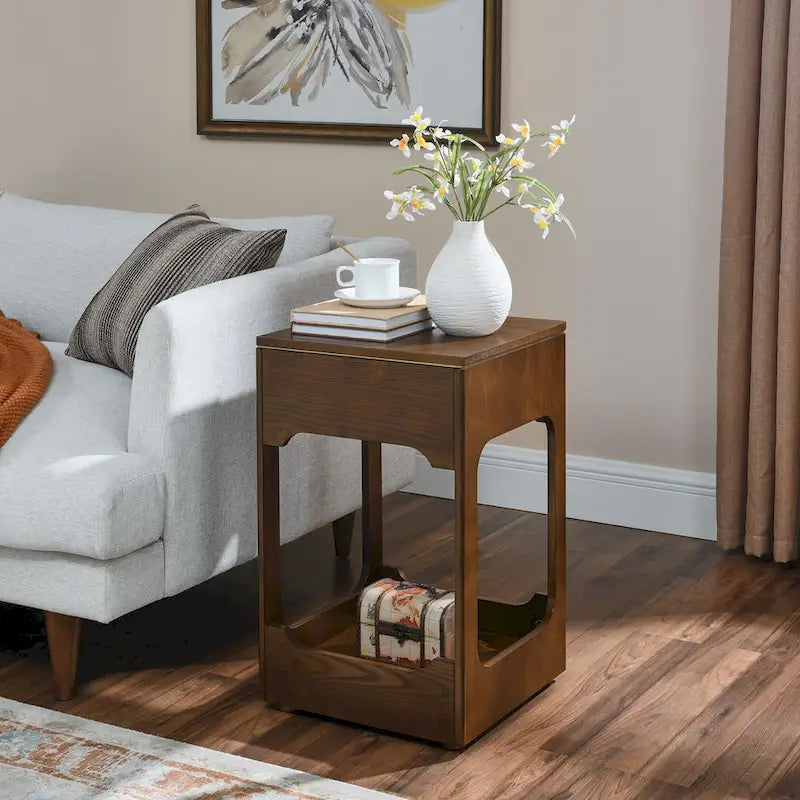 Mid-Century Modern Lift-Top Side Table with Storage Shelf