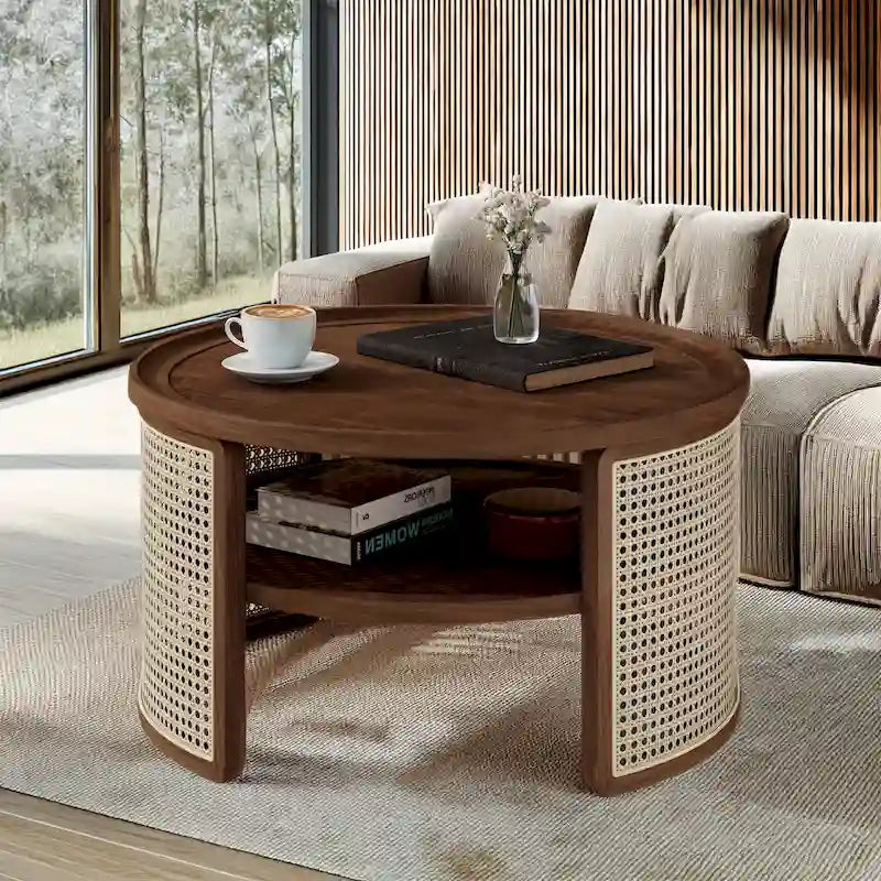 2-Tier Round Wood and Rattan Coffee Table with Storage Shelf