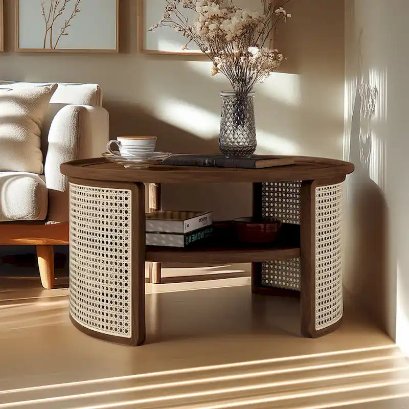 2-Tier Round Wood and Rattan Coffee Table with Storage Shelf