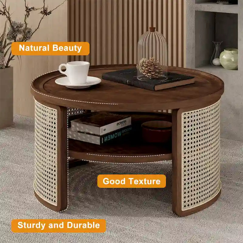 2-Tier Round Wood and Rattan Coffee Table with Storage Shelf