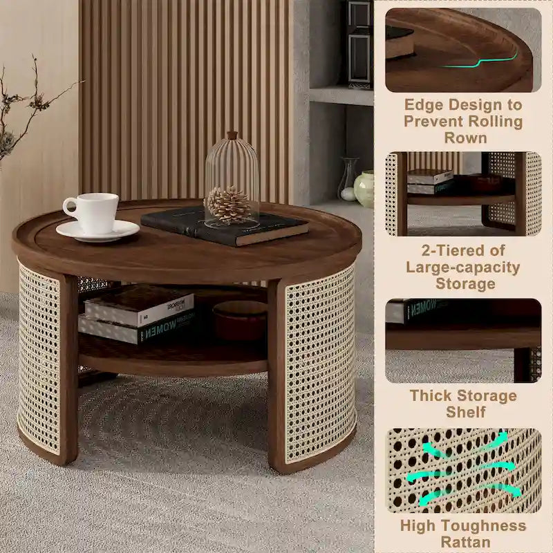 2-Tier Round Wood and Rattan Coffee Table with Storage Shelf