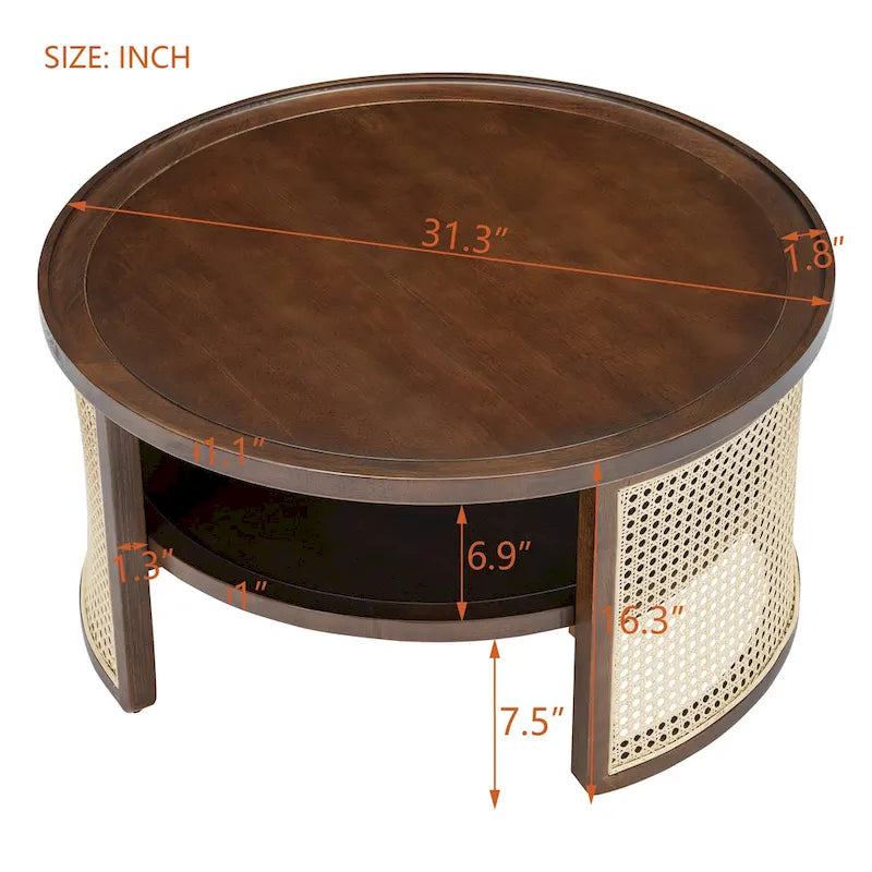 2-Tier Round Wood and Rattan Coffee Table with Storage Shelf