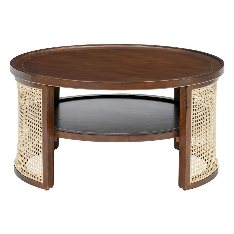 2-Tier Round Wood and Rattan Coffee Table with Storage Shelf