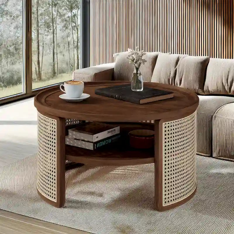 2-Tier Round Wood and Rattan Coffee Table with Storage Shelf