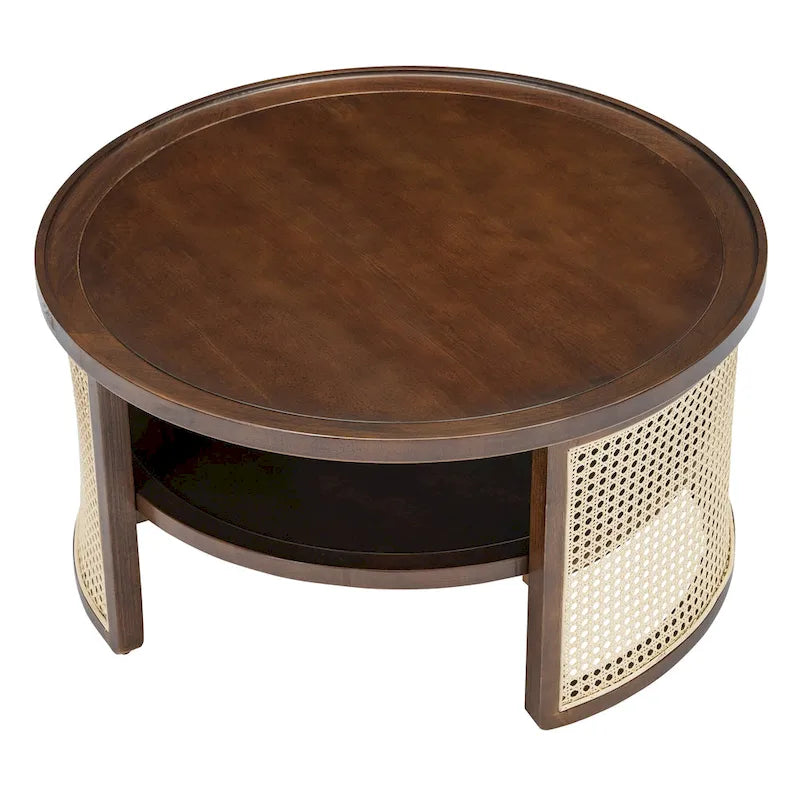 2-Tier Round Wood and Rattan Coffee Table with Storage Shelf