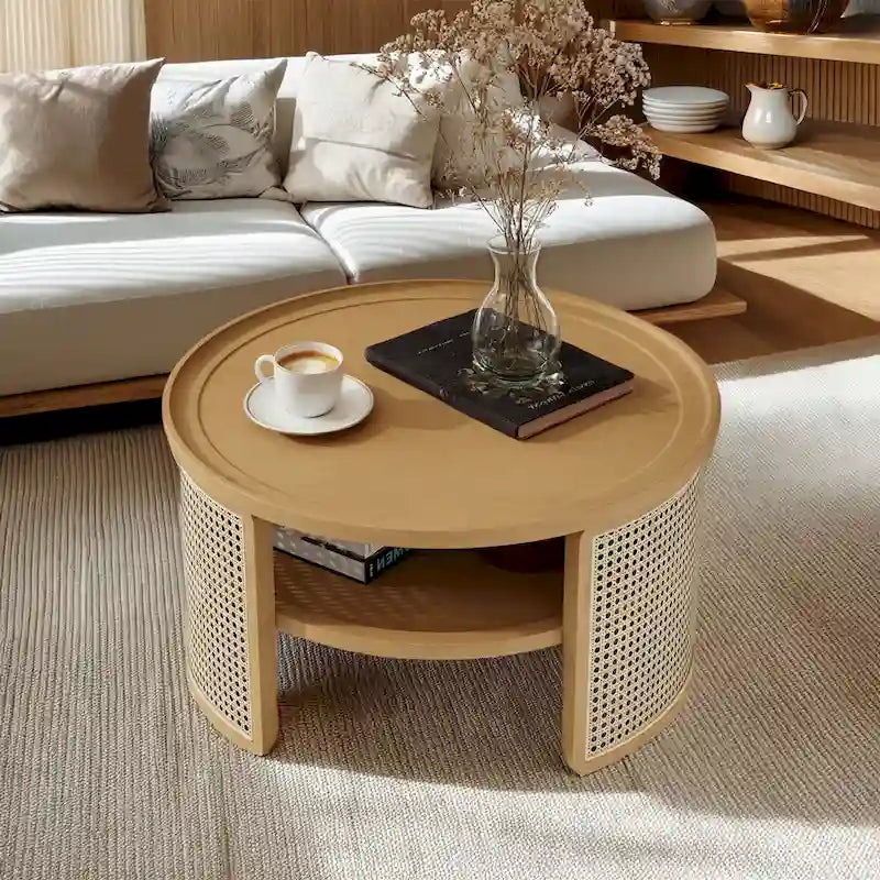 2-Tier Round Wood and Rattan Coffee Table with Storage Shelf
