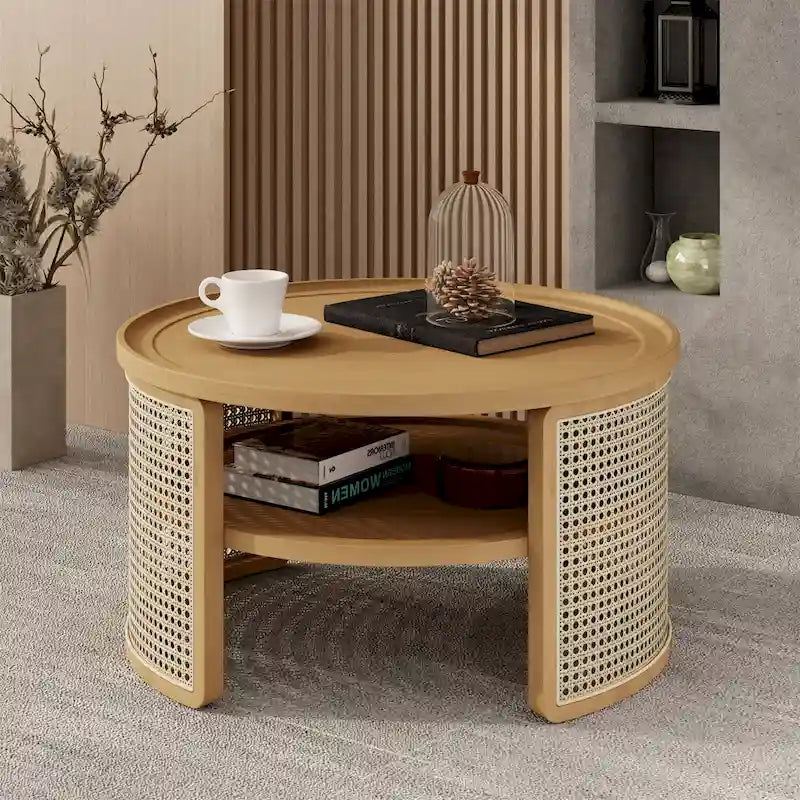 2-Tier Round Wood and Rattan Coffee Table with Storage Shelf