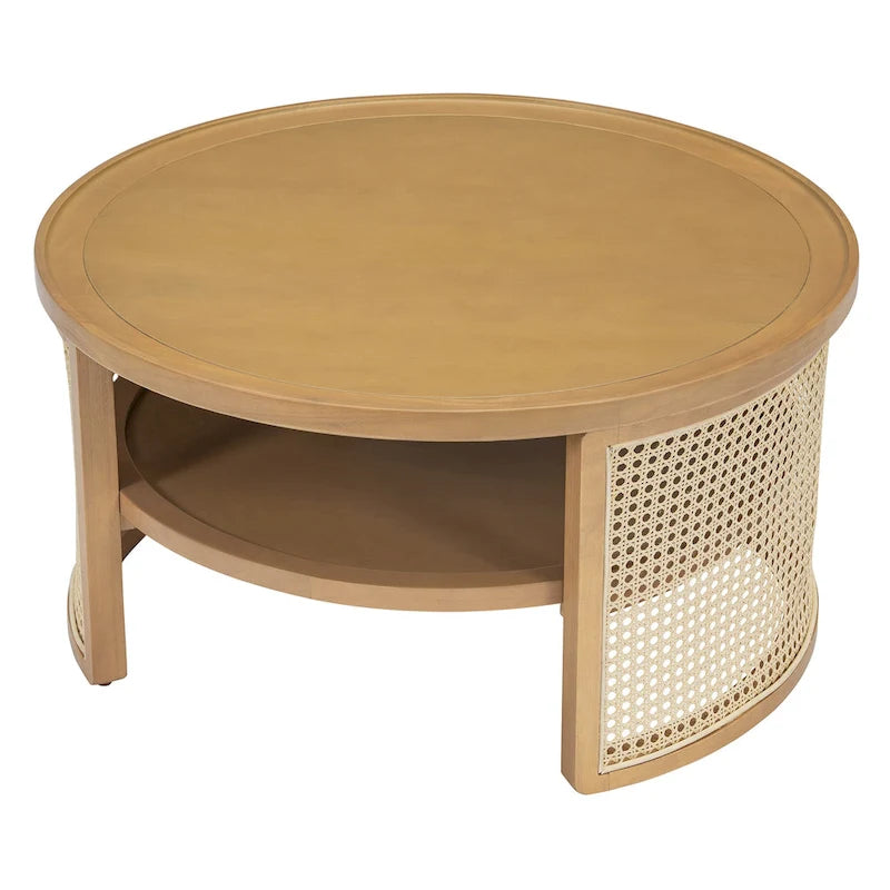 2-Tier Round Wood and Rattan Coffee Table with Storage Shelf