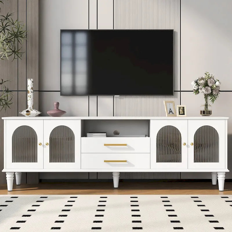 Retro TV Stand with Fluted Glass Doors for TVs up to 75 Inches