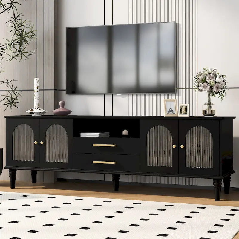 Retro TV Stand with Fluted Glass Doors for TVs up to 75 Inches