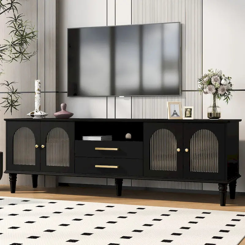Retro TV Stand with Fluted Glass Doors for TVs up to 75 Inches