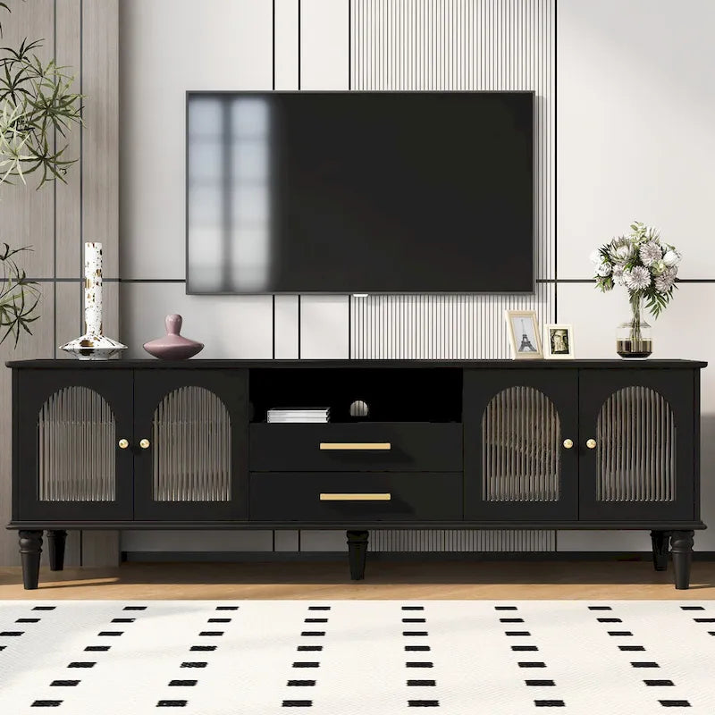 Retro TV Stand with Fluted Glass Doors for TVs up to 75 Inches