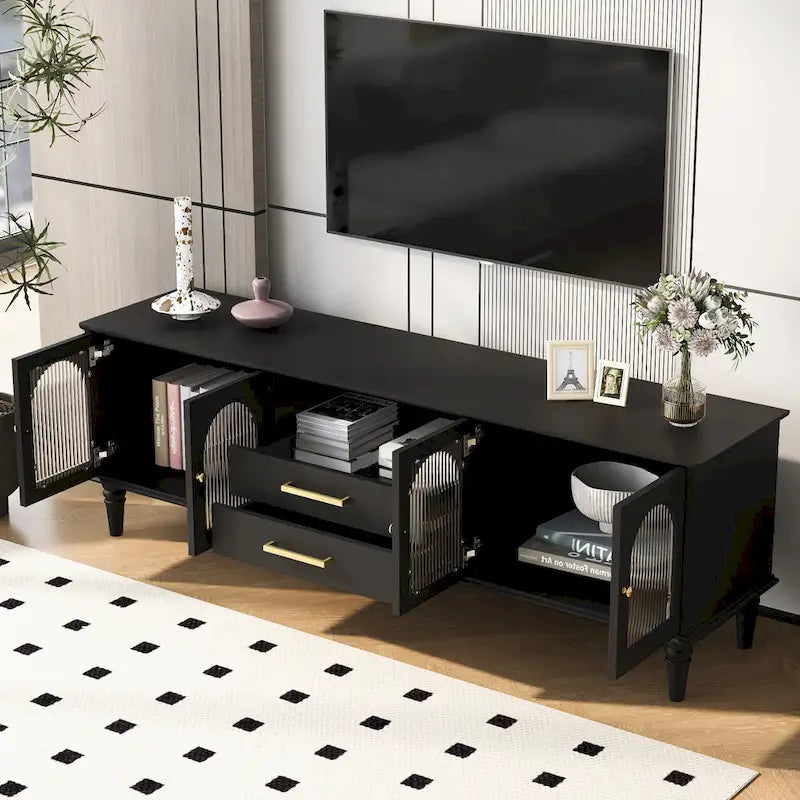 Retro TV Stand with Fluted Glass Doors for TVs up to 75 Inches