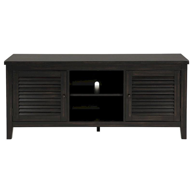 60-Inch TV Stand Media Cabinet with 2 Doors, Open Shelf and Distressed Black Finish
