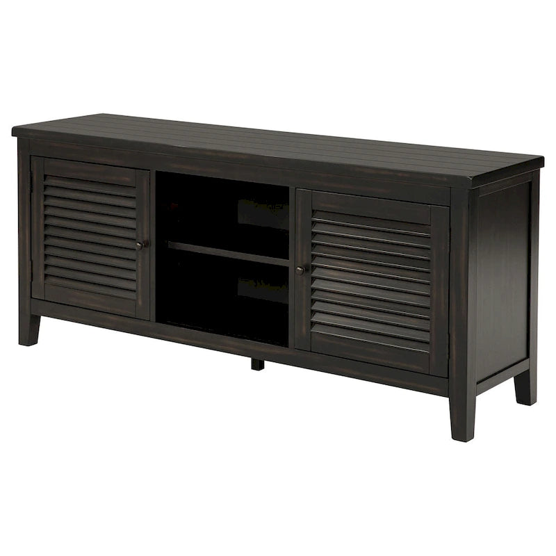 60-Inch TV Stand Media Cabinet with 2 Doors, Open Shelf and Distressed Black Finish