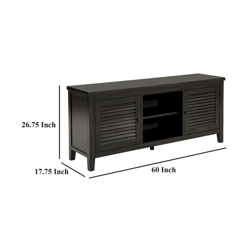 60-Inch TV Stand Media Cabinet with 2 Doors, Open Shelf and Distressed Black Finish