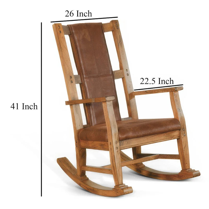 Fauteuil à bascule Mindi en bois avec assise et dossier rembourrés, finition chêne rustique