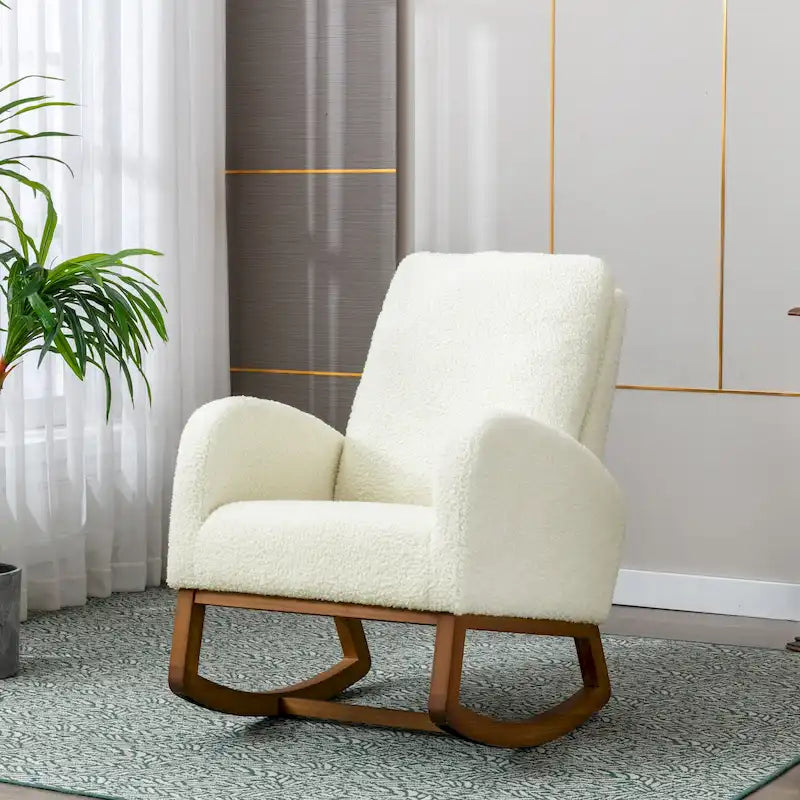 Fauteuil à bascule à dossier haut en tissu peluche avec pochette latérale et cadre en bois massif