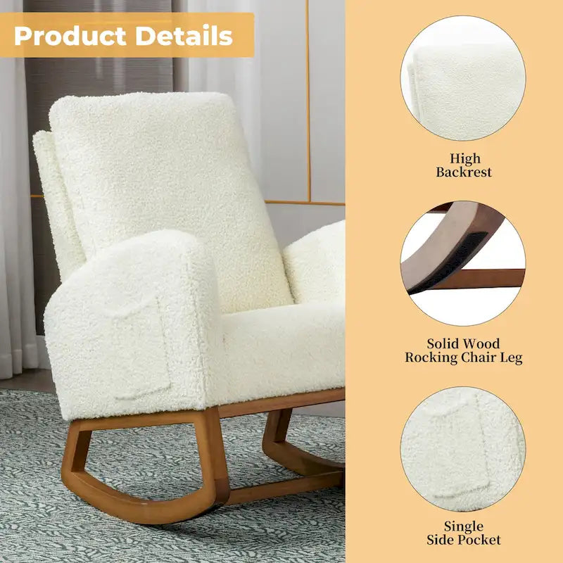 Fauteuil à bascule à dossier haut en tissu peluche avec pochette latérale et cadre en bois massif