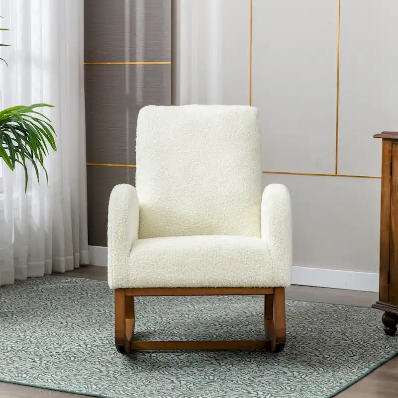 Fauteuil à bascule à dossier haut en tissu peluche avec pochette latérale et cadre en bois massif