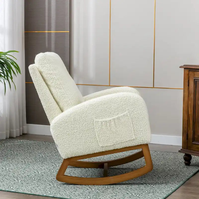 High-Back Teddy Fabric Rocking Chair with Side Pocket and Solid Wood Frame