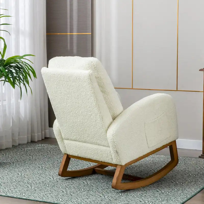 Fauteuil à bascule à dossier haut en tissu peluche avec pochette latérale et cadre en bois massif