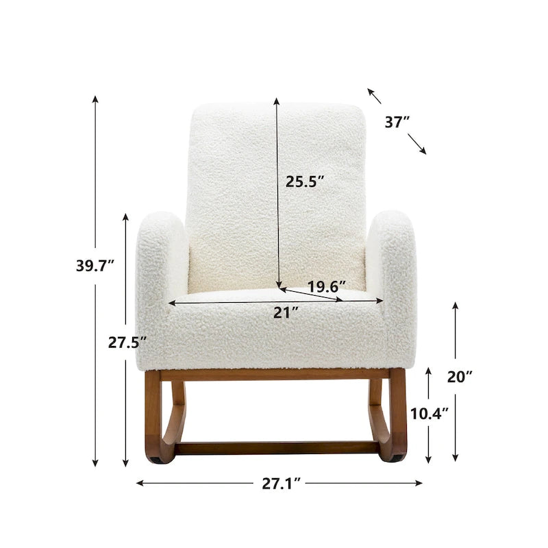 Fauteuil à bascule à dossier haut en tissu peluche avec pochette latérale et cadre en bois massif