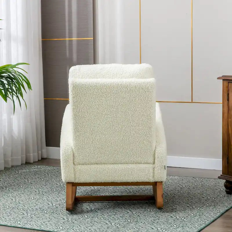 Fauteuil à bascule à dossier haut en tissu peluche avec pochette latérale et cadre en bois massif