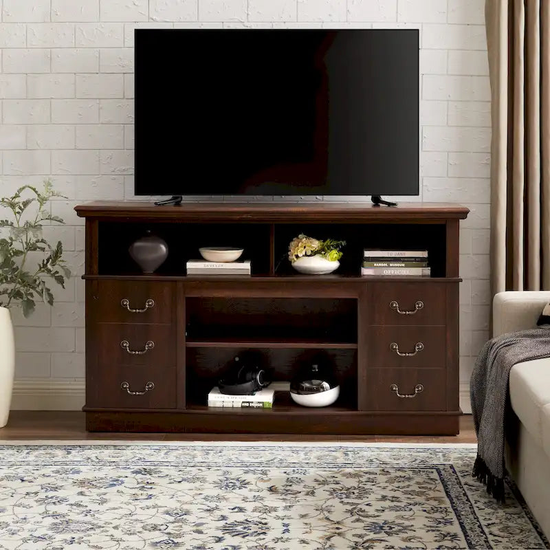 60-Inch Farmhouse TV Stand with 2 Cabinet Doors, Open Shelves and Cable Management