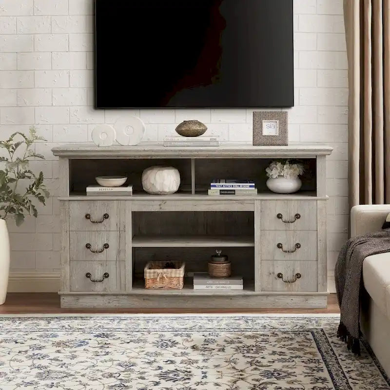 60-Inch Farmhouse TV Stand with 2 Cabinet Doors, Open Shelves and Cable Management