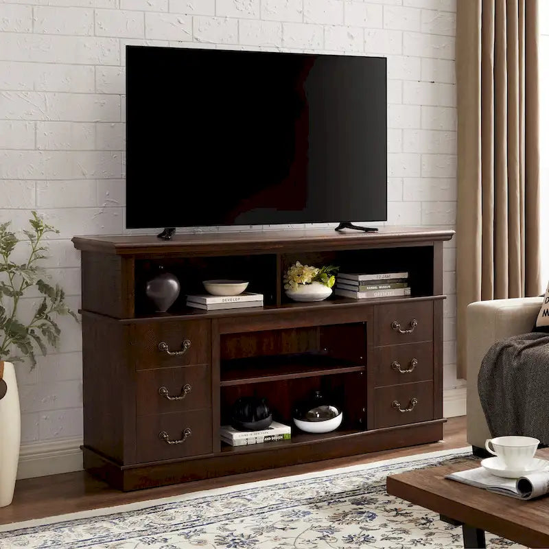 60-Inch Farmhouse TV Stand with 2 Cabinet Doors, Open Shelves and Cable Management