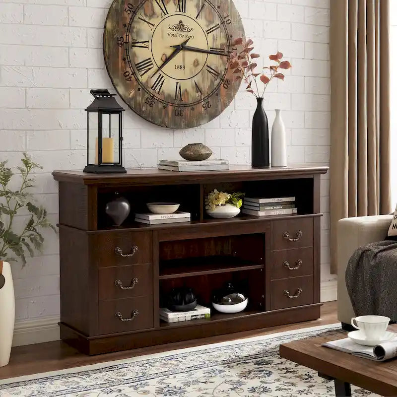 60-Inch Farmhouse TV Stand with 2 Cabinet Doors, Open Shelves and Cable Management