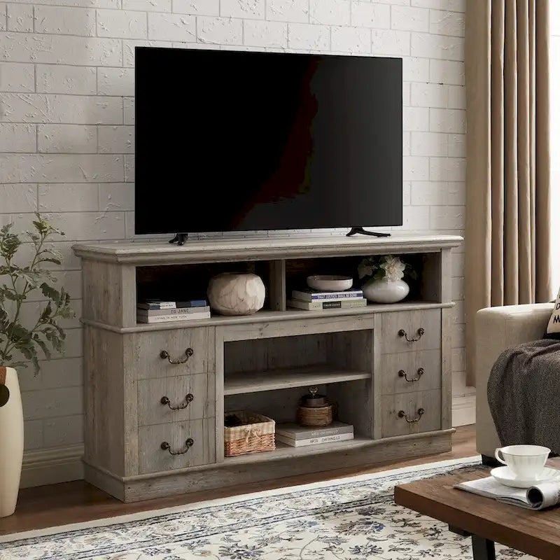 60-Inch Farmhouse TV Stand with 2 Cabinet Doors, Open Shelves and Cable Management
