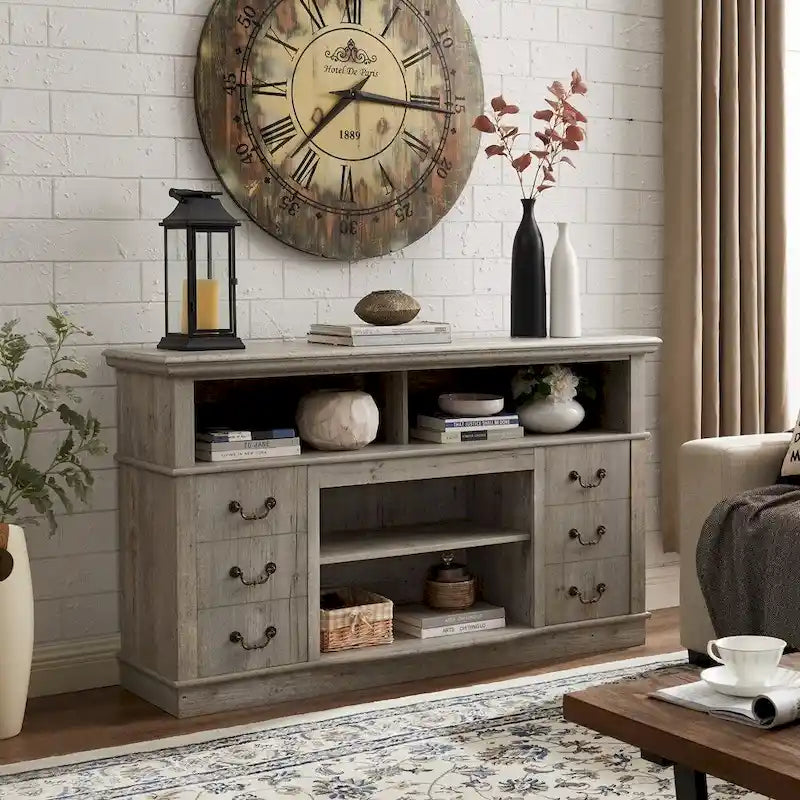 60-Inch Farmhouse TV Stand with 2 Cabinet Doors, Open Shelves and Cable Management