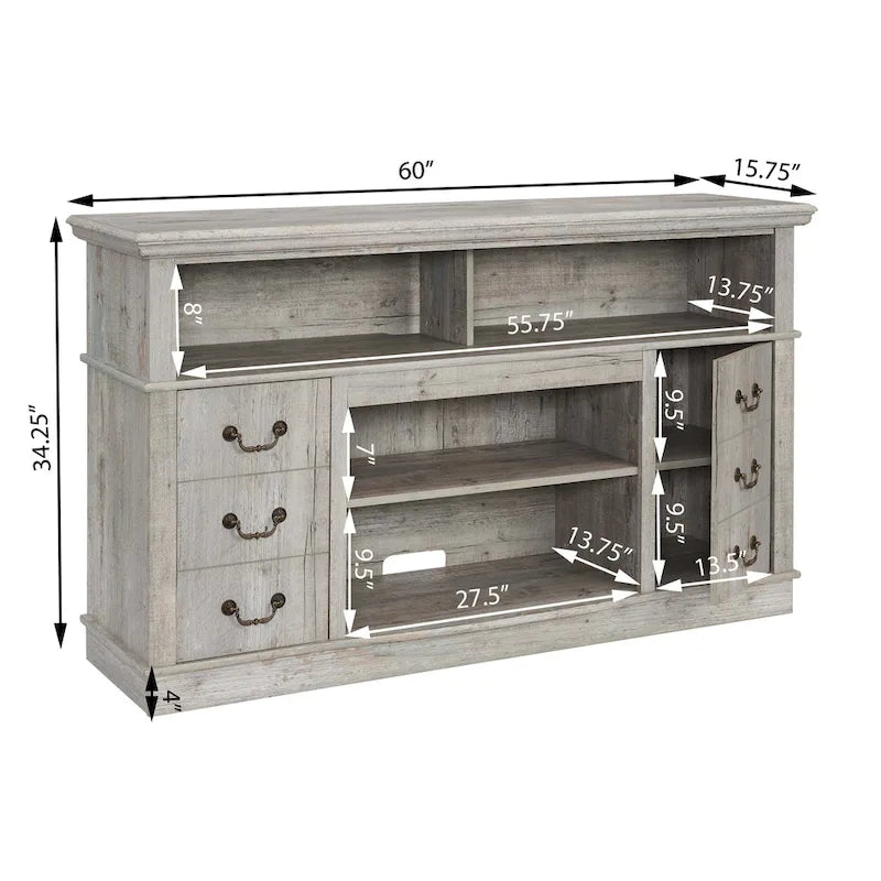 60-Inch Farmhouse TV Stand with 2 Cabinet Doors, Open Shelves and Cable Management