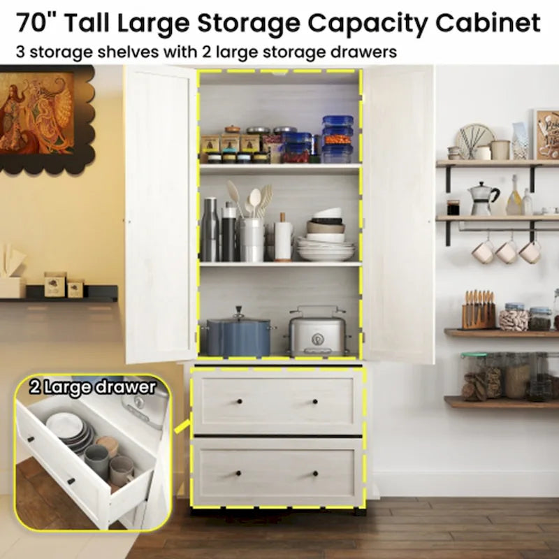 70-Inch Tall Kitchen Pantry Storage Cabinet with Barn Doors and Drawers