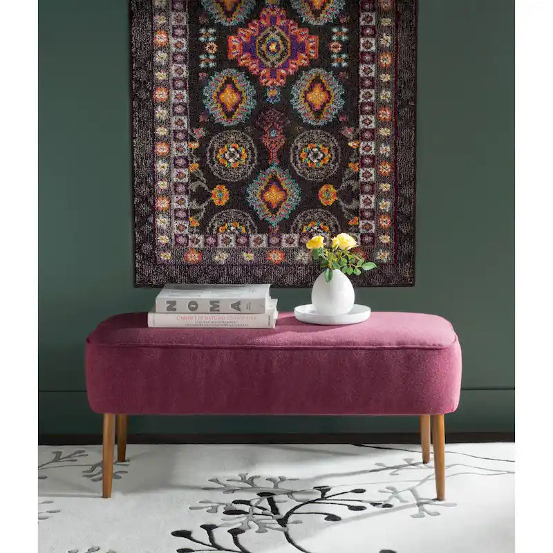Mid-Century Modern Wool Upholstered Bench with Spindle Legs