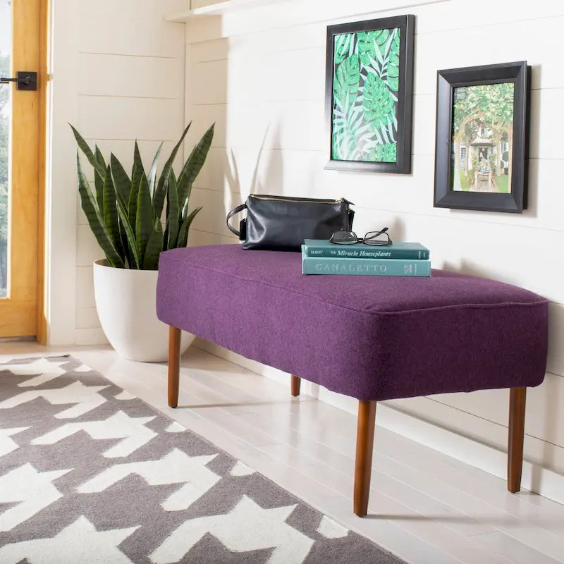 Mid-Century Modern Wool Upholstered Bench with Spindle Legs