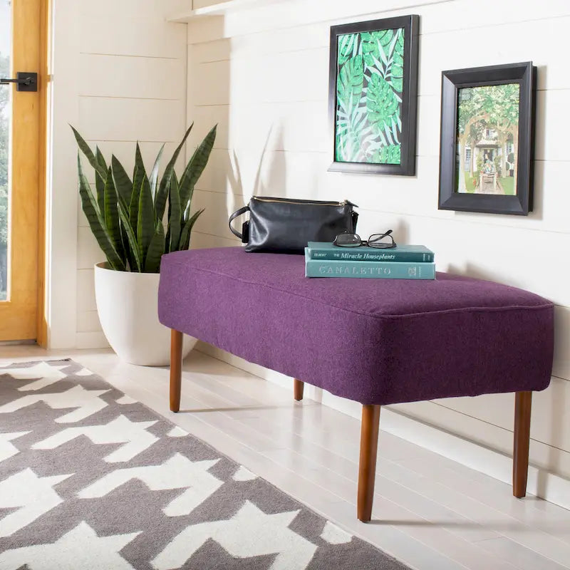 Mid-Century Modern Wool Upholstered Bench with Spindle Legs