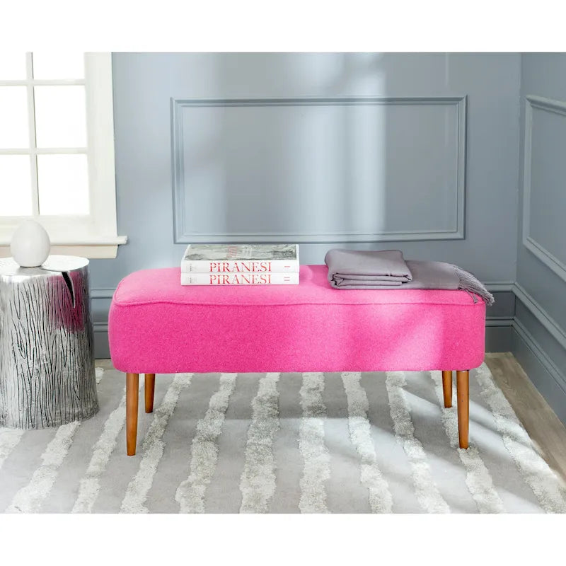 Mid-Century Modern Wool Upholstered Bench with Spindle Legs