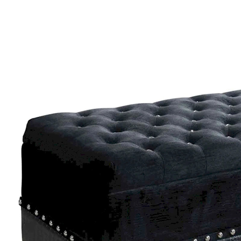 Banc de rangement avec assise capitonnée à boutons, clous décoratifs et pieds en métal