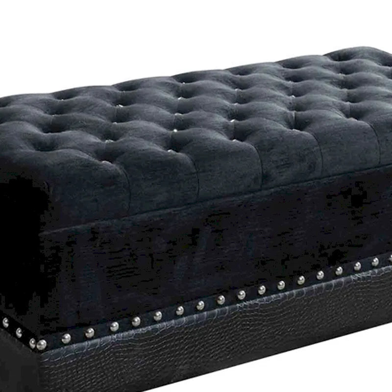 Banc de rangement avec assise capitonnée à boutons, clous décoratifs et pieds en métal