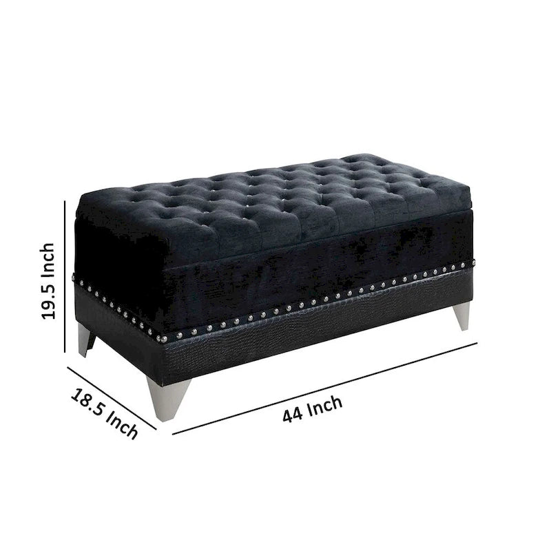 Banc de rangement avec assise capitonnée à boutons, clous décoratifs et pieds en métal