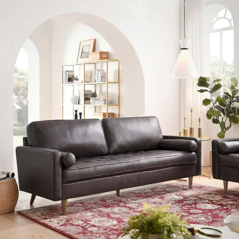 81-Inch Mid-Century Modern Top Grain Leather Sofa with Biscuit Tufting
