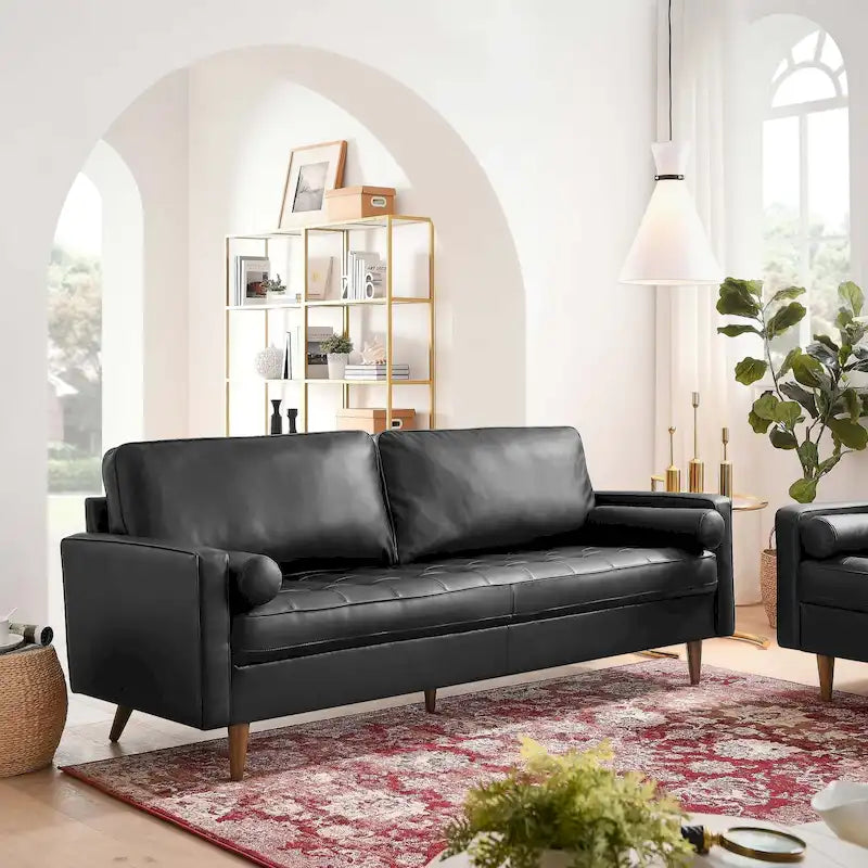 81-Inch Mid-Century Modern Top Grain Leather Sofa with Biscuit Tufting