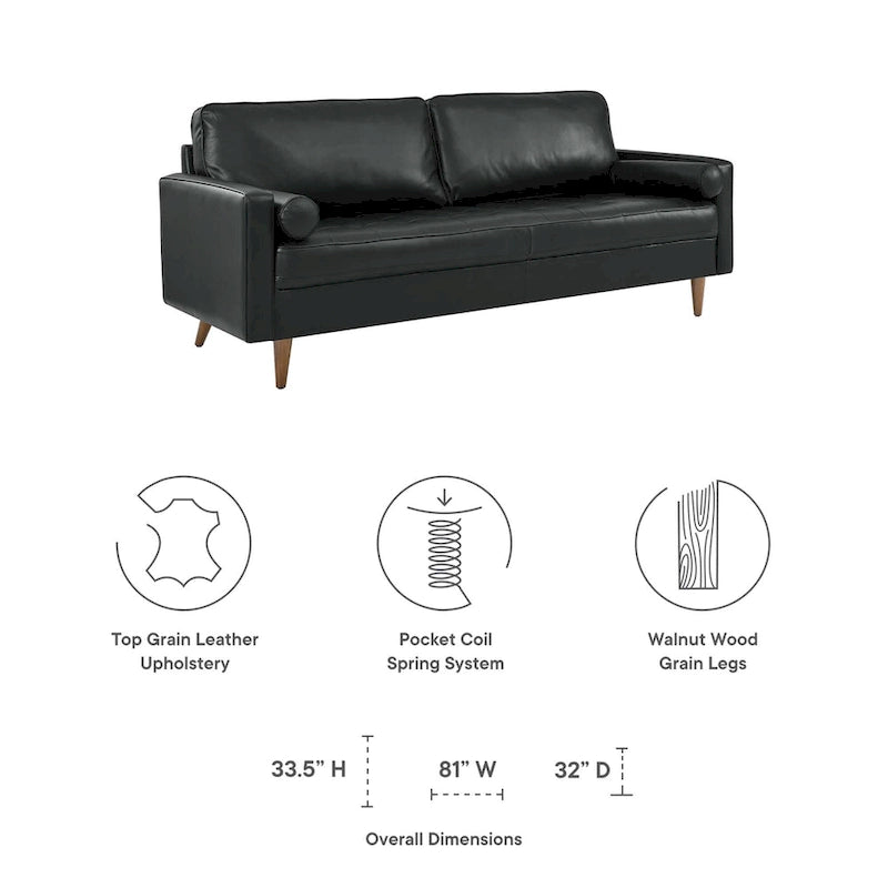 81-Inch Mid-Century Modern Top Grain Leather Sofa with Biscuit Tufting