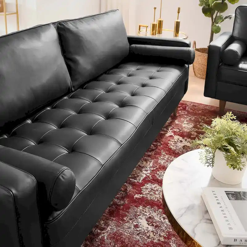 81-Inch Mid-Century Modern Top Grain Leather Sofa with Biscuit Tufting