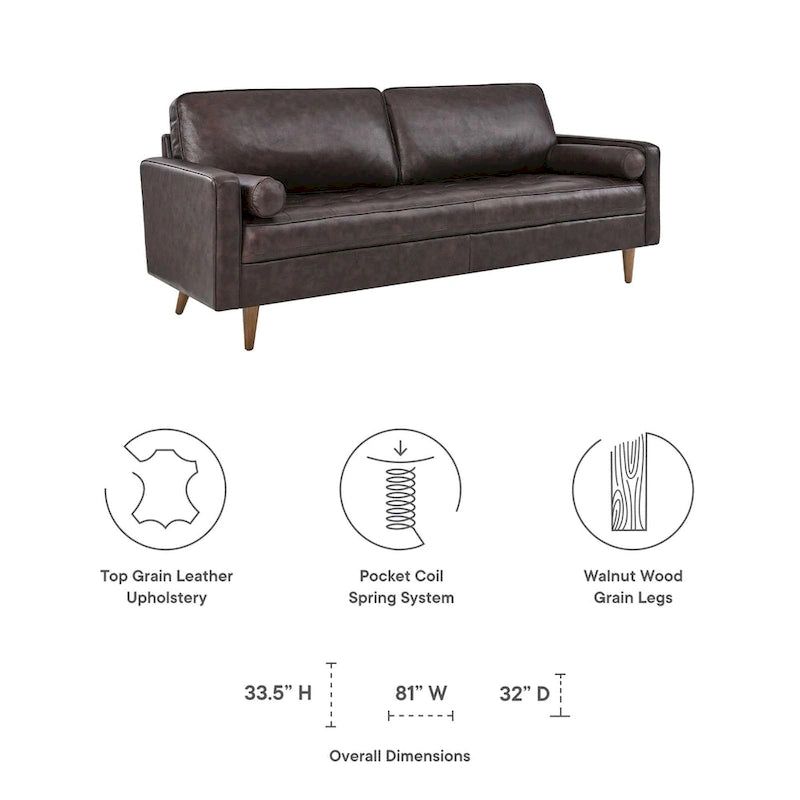81-Inch Mid-Century Modern Top Grain Leather Sofa with Biscuit Tufting